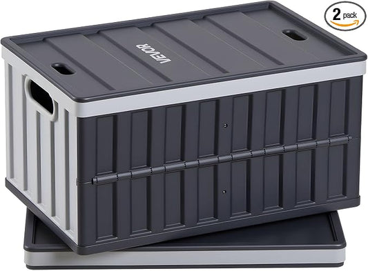 VEVOR Plastic Collapsible Storage Bins with Lids, 65L 2 Packs, Stackable Folding Storage Crates with Handles, Holds 84 lbs Per Bin, Heavy Duty Containers, Space-Saving Baskets, for Home Organizing