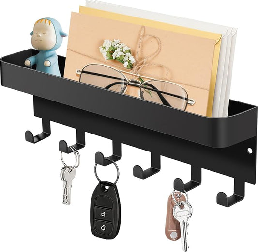 RELBRO Magnetic Key Holder for Fridge, Key Rack with Shelf, Black | Metal, Built-in Magnet, Top Tray, 2 Installation Options, Matte Finish, Compact, Key Rack for Refrigerator Camper RV Entryway