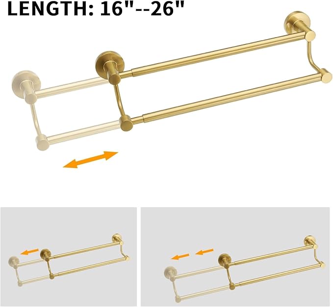 BESy Double Towel Bar Towel Rack for Bathroom Wall Mounted Brushed Gold | Adjustable 16-26 In,Wall Mounted Towel Holder, Stainless Steel, Rustproof, Towel Bar Rod Hanger Hardware Accessories Hotel