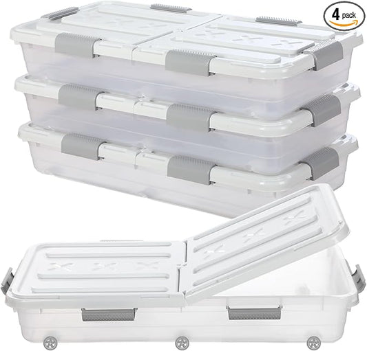 Beeveer 4 Pcs Plastic Under Bed Storage Container with Double Opening Lid Wheel Handle, Transparent Large Capacity Stackable Latching Festival Storage Bin for Closet Bedroom, 31.5x15.8x5.2 In(White)