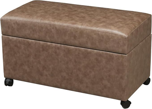 32" Leather Storage Ottoman Bench with Wheel, Rectangle Foot Rest Stool for Living Room, Bedroom, Entryway,Earthy Light Brown Veining