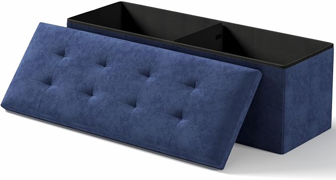 Folding Storage Ottoman Bench, Navy Blue, 43 Inches | Multi-Functional Ottoman Foot Rest, End of Bed Bench, Storage Chest, Living Room, Bedroom, Hallway, Entryway, 600 lb Capacity
