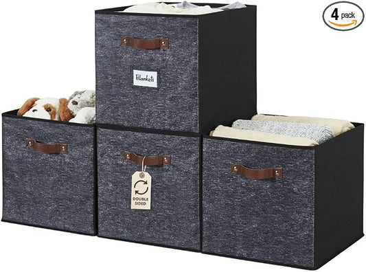 DECOMOMO Storage Bins, Storage Baskets for Shelves | 13" x 15" x 13" Storage Cube Bins with Labels for Organizing Shelves (Kallax, 4pcs, Black Pattern)