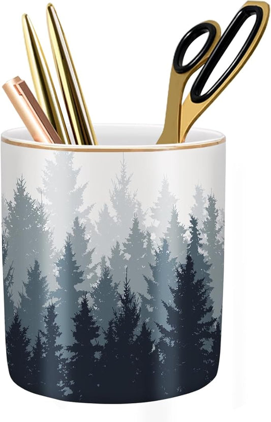 Large Capacity Pen Pencil Holder for Desk, Ceramic Pens Cup Cute Makeup Brushes Holder, Unique Desk Multifunctional Pen Organizer for Home, Office, and School, Forest Pattern