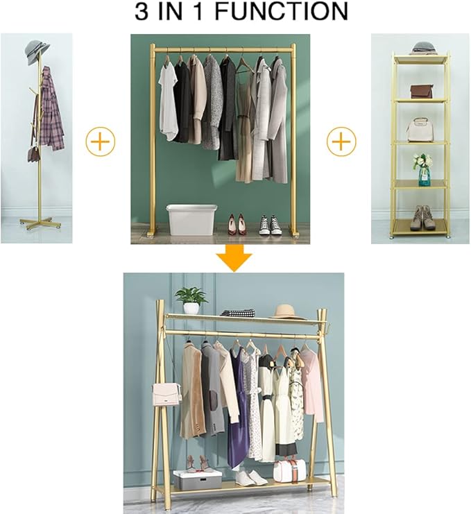 Clothes rack Gold, Freestanding Industrial Garment Rack with Double shelves Multi-functional Bedroom Hanging Clothing Rack,Heavy Duty Coat Rack Organizer for Bedroom Shoes 1 pack (39'' L)