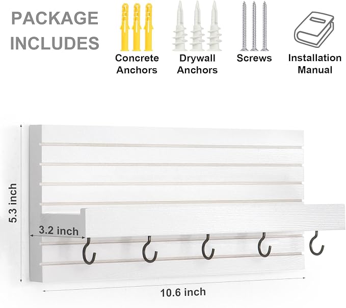 Lwenki Decorative Key Holder for Wall with Shelf, Entryway Shelf with Hooks Holds Leashes, Jackets and Glasses – Sturdy Wood Keyholder Entrance Hanger with Mounting Hardware (White, Medium)