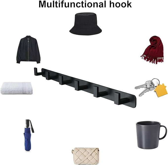 Coat Rack, Heavy Duty Stainless Steel 6 Tri Coat Hook Hanger, Wall Mounted Storage Wall Hooks, Rustic Clothes Hook/Key Hook Rail for Bathroom Kitchen Entryway(6 Hook Black)