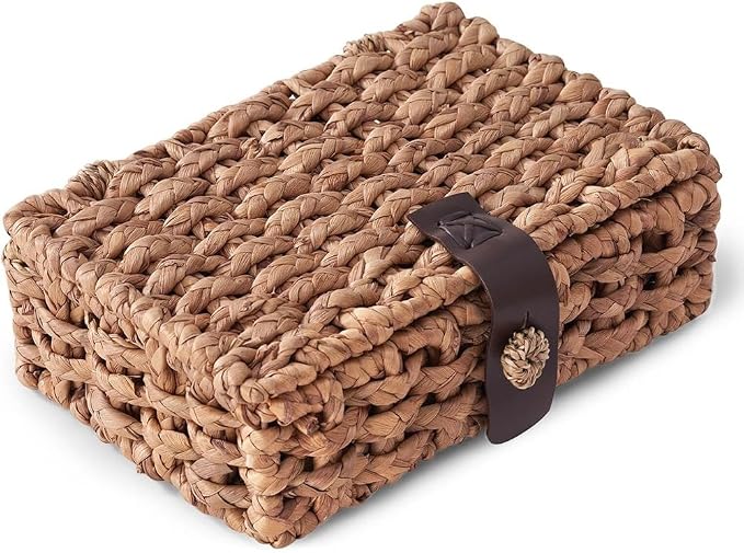 Wicker Decorative Box with Lid, Water Hyacinth Woven Basket for Shelf Display, Coffee Tables Storage Small