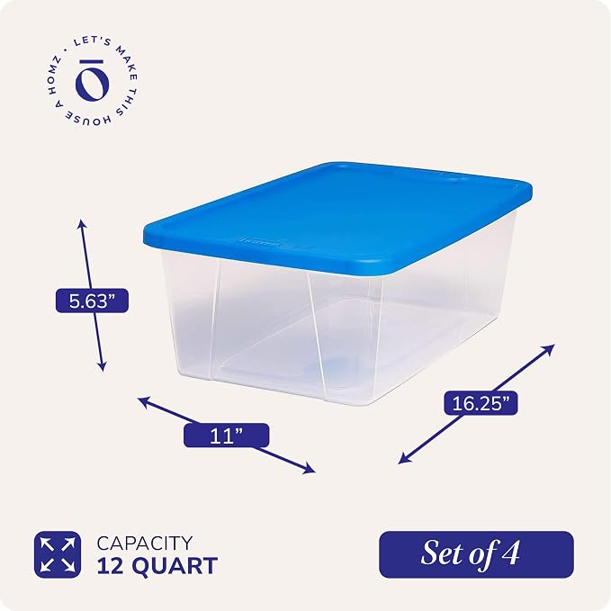 HOMZ Snaplock Clear Plastic Bin 12 Quart/3 Gallon | Storage Tote with Secure Lid | for Home, Office, Garage, Dorm Room Organizer | Stackable & Nestable | Blue Lid, Pack of 4