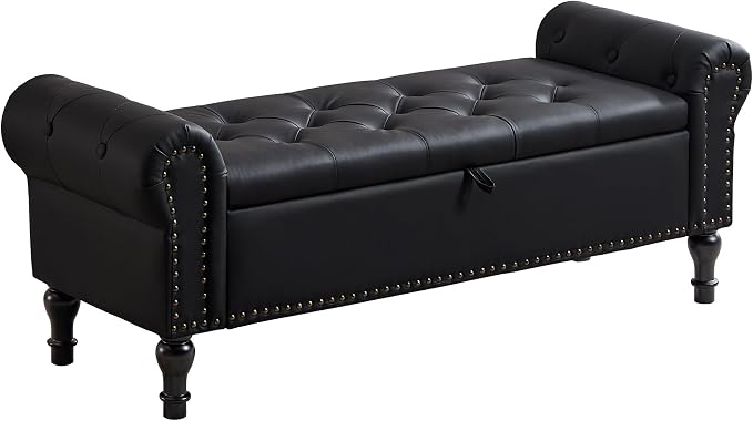 Storage Bench for Bedroom, 51" Upholstered End of Bed Bench, Faux Leather Queen Size Benches with Rolled Arms, Tufted Button Storage Long Ottoman, Living Room, Entryway, Obsidian Black
