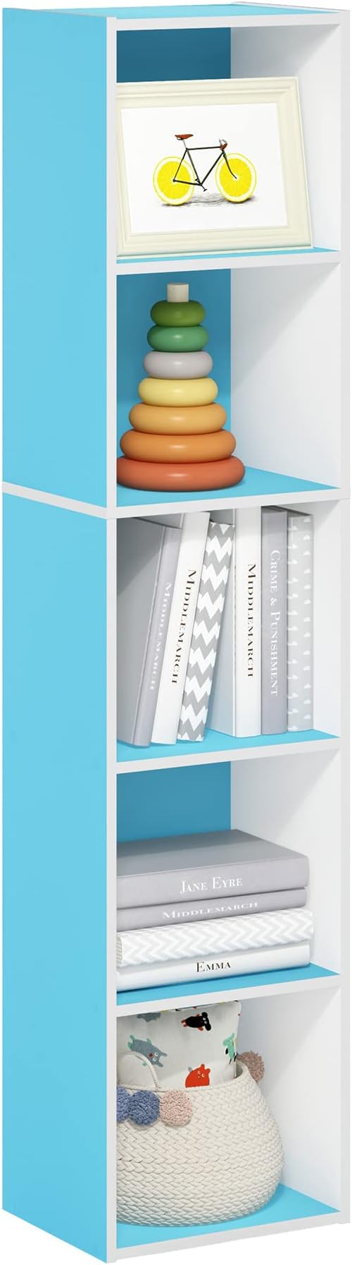 Furinno PASIR Book Shelf, 5-Tier Modern Bookshelf, Open Shelves Bookcase 9 x 12 x 52, Easy Assembly, for Living Room, Bedroom, Home Office, Light Blue/White