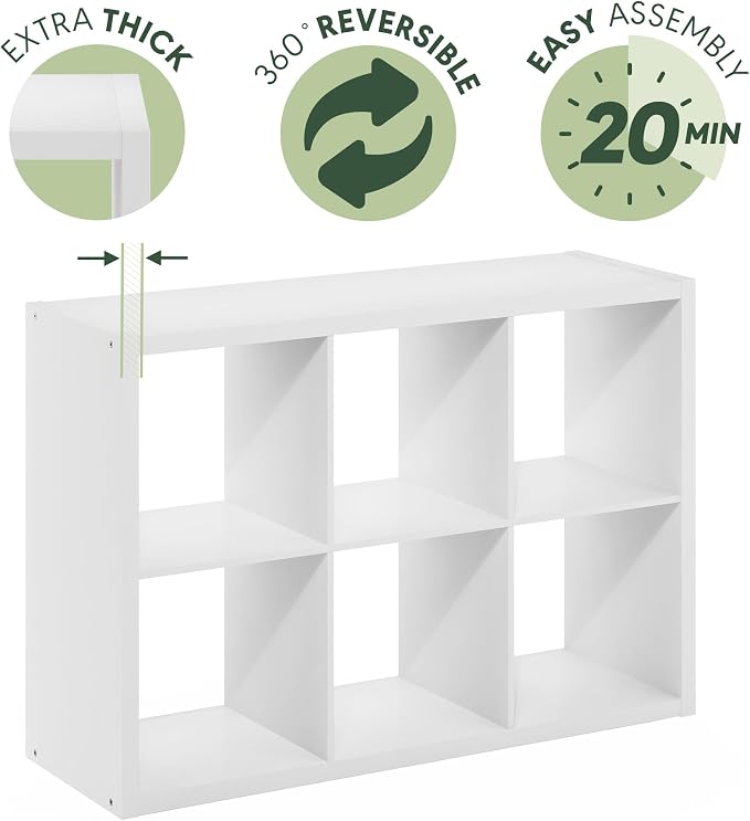 Furinno CUBICLE 6-Cube Book Shelf, Extra Thick Frame Bookshelf, White | 14.6" x 44" x 30", Horizontally & Vertically Reversible Bookcase with Open Back, for Living Room, Bedroom, Home Office