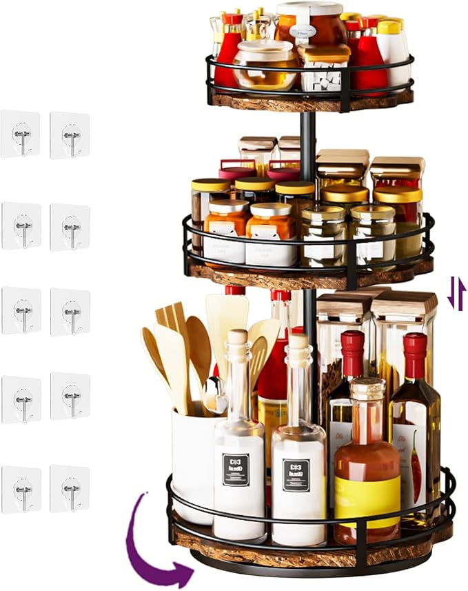 Heavy-Duty 3-Tier Lazy Susan Organizer, Adjustable to Different Heights, Countertop Spice Rack, Upgraded Thickened Wooden Board, Suitable for Seasoning Organizer, Kitchen Organization（2 Pack）