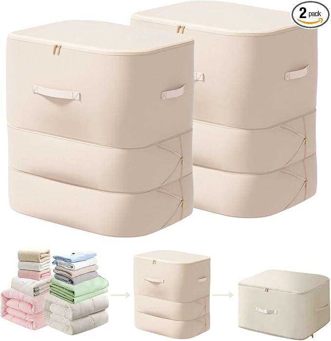 Comforter Storage Bag, Bedding & Blanket Self Compression Storage Organizer | Compression Storage Bag for Blanket Storage, 3-Layer Thick Satin Fabric Heavy Duty Bags for Pillow Duvet (Beige, XL, 2PCS)