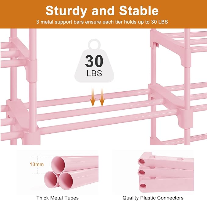 WOWLIVE 9 Tier 3-Column Shoe Rack, 50-55 Pairs Stackable Pink | 50in long for larger entryways. Removable shelves fit tall boots. Split into multiple units for garage/closet.
