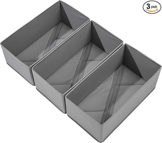 Bructhun Sock Drawer Organizer 3 Pack - Collapsible Fabric Storage Bins for Underwear Divider, Small Closet Organizers with 3 Compartments, Gray