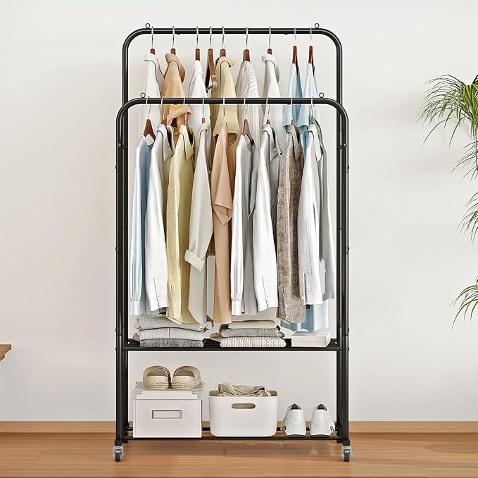 SUOERNUO Clothes Rack with Lockable Wheels Double Rods Metal Garment Racks | Portable Heavy-Duty Clothing Rack, Rolling Clothes Shelves for Bedroom Laundry Living Room, Black