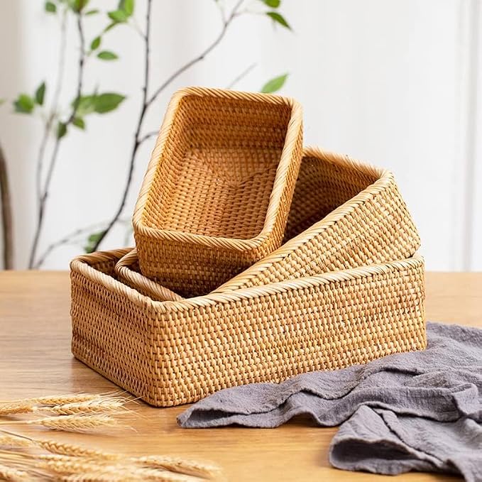 Yangqihome Natural Rattan Storage Baskets, Rectangular Woven Fruit Baskets, Decorative Wicker Basket and Small Baskets for Organizing (Set of 3)