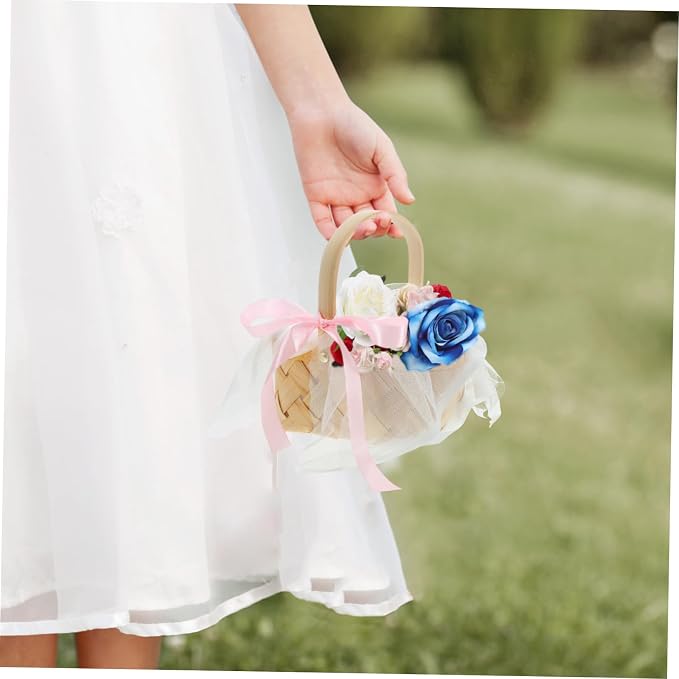 Zerodeko Woven Rattan Basket for Fruits and Flowers Decorative Storage Basket with Natural Touch for Home Wedding and Picnic Decor Includes Tulle Ribbon