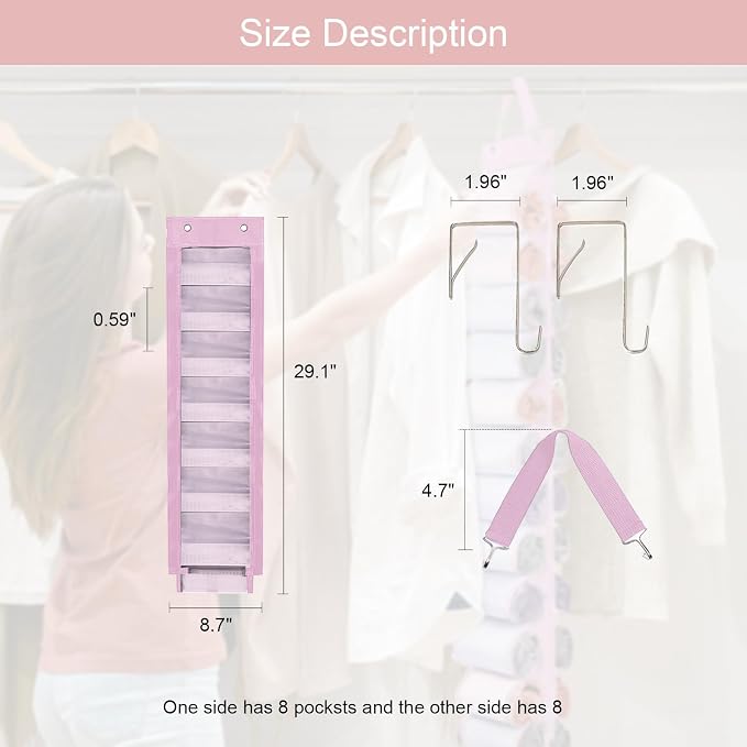DHSFKBE Legging Organizer Storage, T Shirt Organizer, Foldable Hanging Closet Organizer Storage with 16 Roll Independent Compartments for Yoga Pants, Tank Top, Towel, Underwear (Pink)