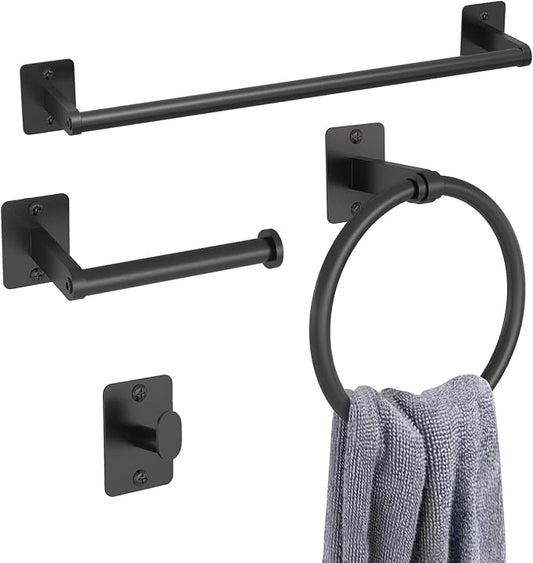 KLJKPA Black Bathroom Accessories Set, 4-Piece Bathroom Hardware Set | 16 inch Towel Bar, Towel Racks for Bathroom, Robe Towel Hooks, Toilet Paper Holder Wall Mounted