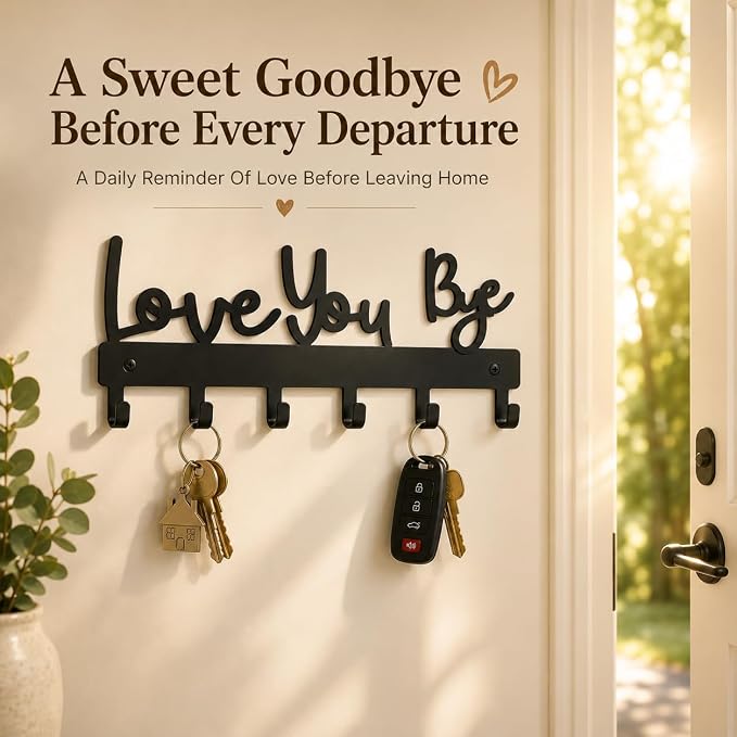Love You Bye Sign Key Holder Hook Wall Mounted Key Holder Rack Organizer Hanger with 6 Hooks for Wall Express Love Art Decor for Entryway Front Door Kitchen Hallway Office (Love You Bye)