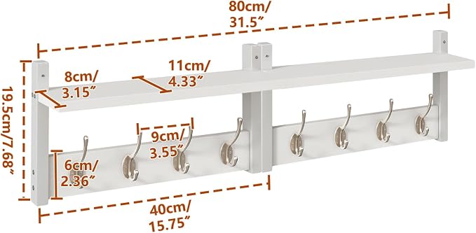 YMYNY Coat Rack Wall Mount with Shelf and Hooks, White UHWS001W-2 | 2 Pack Wooden Wall Mounted Coat Hanger with Shelf and 8 Double Hooks, Wall Coat Rack for Entryway Hallway Bedroom Bathroom