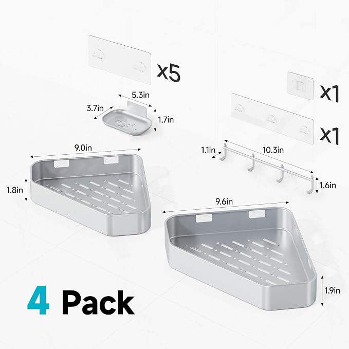 Veken Aluminum Corner Shower Caddy 4-Pack, Never Rust&Large Capacity,Silver | No Drilling Shelves, Rack with Soap Holder&Towel Bar, Super-Strong Adhesive for High Load, Bathroom Organizers and Storage