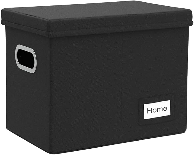 File Organizer Box - Set of 1 Collapsible Decorative Linen Filing Storage Hanging File Folders with Lids Office Cabinet Letter Size Black (14x9.3x10.8 inch)