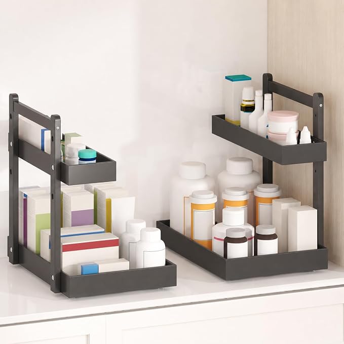 Bamboo Under Sink Organizer, 2-Tier Pull Out Cabinet Organizer | Kitchen Sink Organizer | Bathroom Cabinet Organizer | Cleaning Supply Storage | L-Shape | 3-Level Adjustable | Natural Bamboo