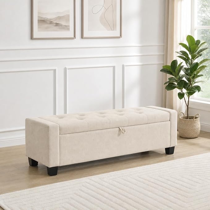 Huatean Home 43" Ottoman with Storage, Beige Storage Ottoman Bench | Upholstered Entryway Bench with Seating for Bedroom, Living Room, with Safety Hinge Holds up to 330 lb