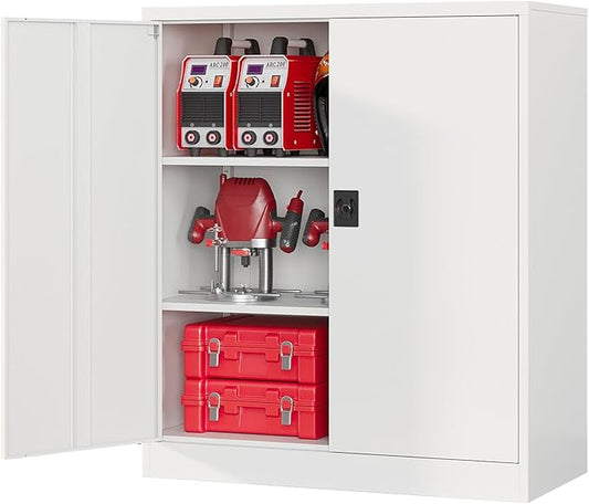 Metal Garage Storage Cabinets with Lock, 36" Tall Tool Cabinet with 2 Door and 2 Adjustable Shelves, Locking Garage Cabinets and Lockable Steel Locker for Home Office Warehouse - (White-36”H)