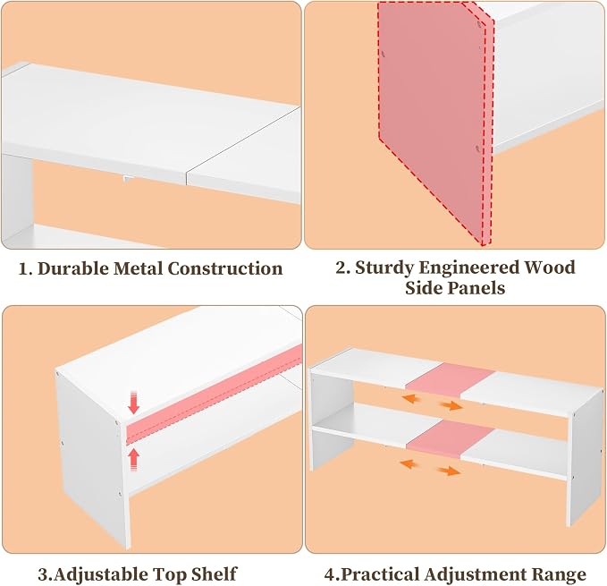 X-cosrack White Stackable Shoe Rack for Closet, Expandable 31.6-39.4 Inches 2-Tier Wooden & Metal Shoe Storage Shelf, Free Standing Shoe Rack for Entryway Bedroom Small Space