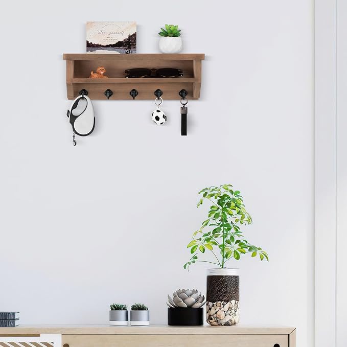 Nekon Key Holder Wall Mount, Wall Organizer Shelf with 5 Key Hooks, Room Decor for Home and Apartment Essentials, Brown