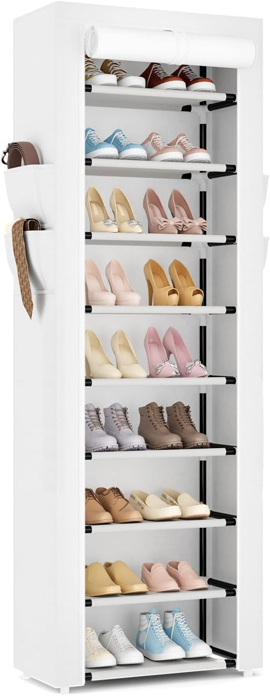 VILICK Shoe Rack with Cover Narrow Shoe Rack Organizer with 4 Side Pockets 10 Tier Tall Shoe Storage Shoe Shelf Holds 18-22 Pairs Shoes and Boots Shoe Rack for Closet, Printing
