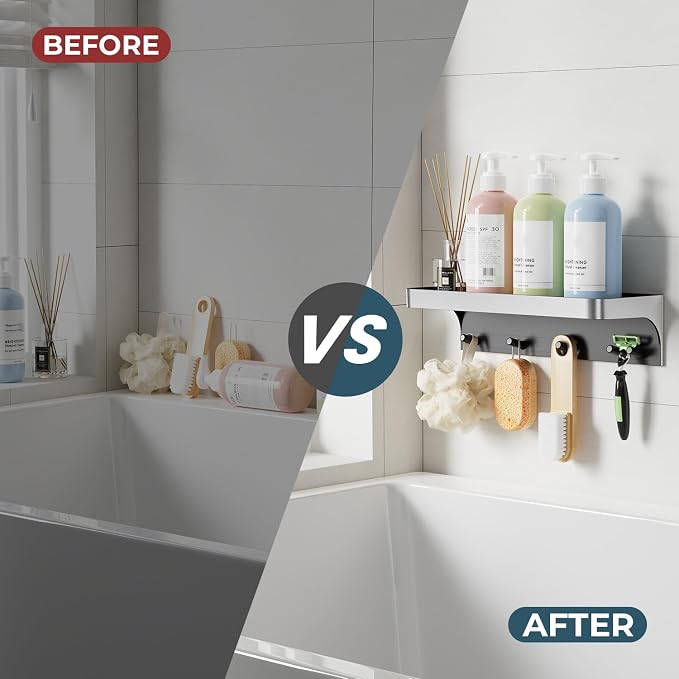Shower Caddy Adhesive with 5 Hooks & Drainage, No-Drill, Silver | Plastic Wall Bathroom Shelf Rack Organizer, Inside Shower Storage Holder for Bath Accessories, Rustproof Bathroom Shelves