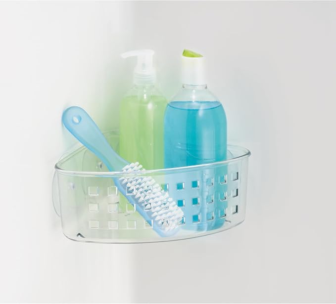 iDesign Plastic Suction Cup Corner Shower Basket, Clear | Bathroom Storage, Made in USA