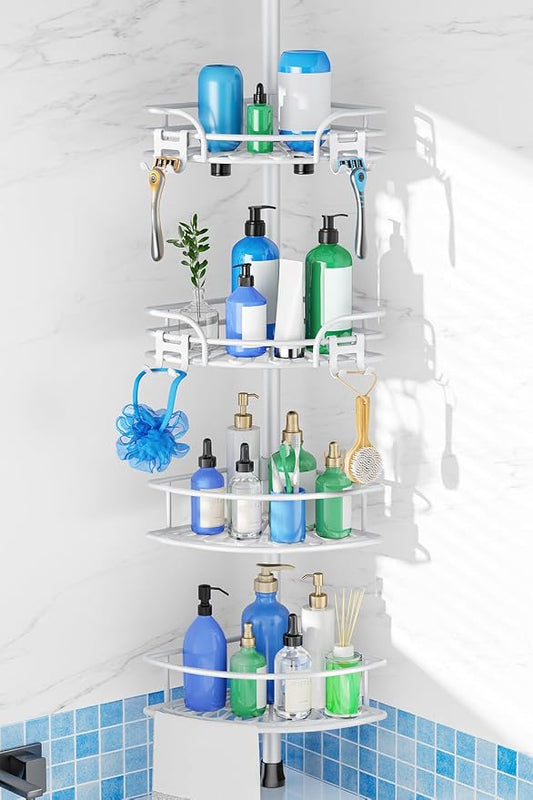 HAMITOR Shower Caddy Corner Tension Pole: 4-Tier Large Capacity Bathroom Organizer Shelf with Towel Bar - Rustproof No-Drill Adjustable 47-123 inch Storage for Renters, Home Bathtub Stand Rack, White