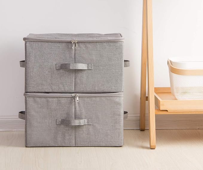 iwill CREATE PRO Pack of 3, 17.7 * 13.8 * 9.8" Stackable Folding Storage Baskets with Lid & Carry Handles & Memo Pocket, Good Wardrobe Separator Bins, Dark Gray