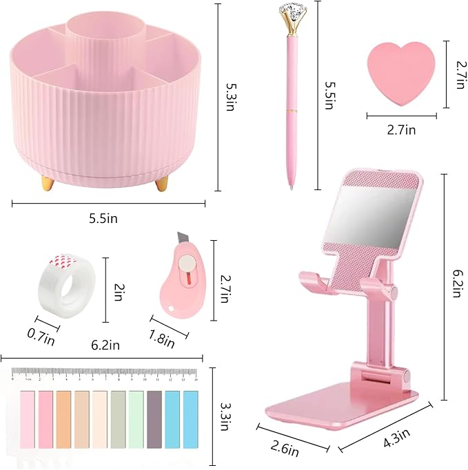 Pink Office Supplies,Desk Accessories,Desk Organizer,Phone Stand,Scissors,Stapler,Tape Dispenser,Binder clips,Staples,staple remover,Sticky Notes,Index Tabs,Clear Tape,Mini Box Cutter,Cool Pen 16pcs