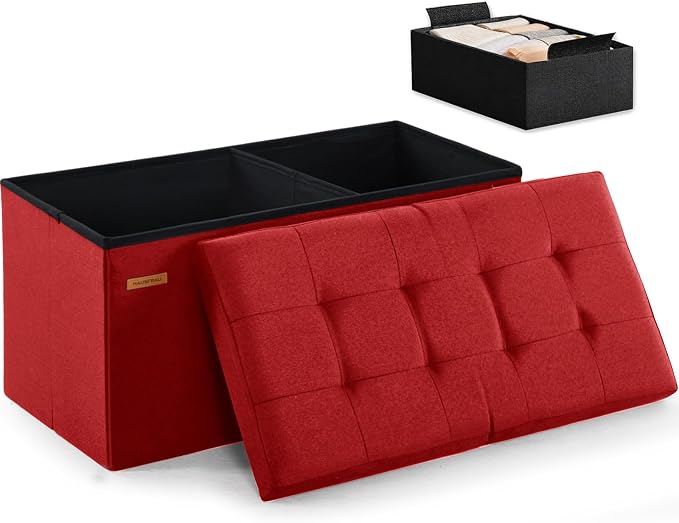HAUSFRAU Ottoman with Storage Bench Folding Foot Rest Stool Linen Red | 31.5", Flip Lid, Small Upholstered Foldable Footrest Footstool, Bedroom Bench, Living Room Dorm Ottoman, Rectangle