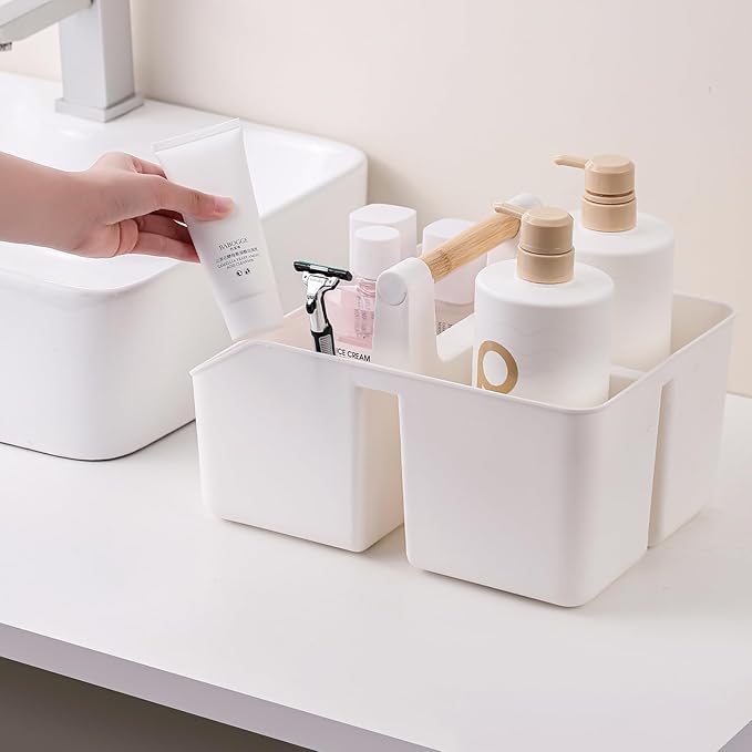 rejomiik Plastic Shower Caddy, Portable Basket with Bamboo Handle, White | Cleaning Caddy Organizer Tote for Bathroom, College Dorm Essentials, Bath Toy Storage, Cleaning Supplies