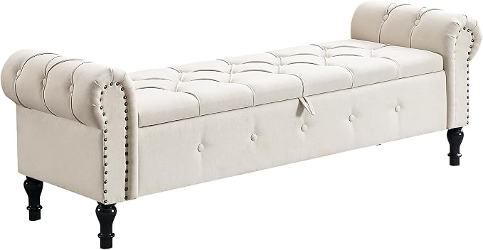 Storage Bench 67" Linen End of Bed Benches Beige | King Size Storage Bench for Bedroom with Rolled Arms Tufted Ottoman Benches Upholstered Bench for Living Room Entryway