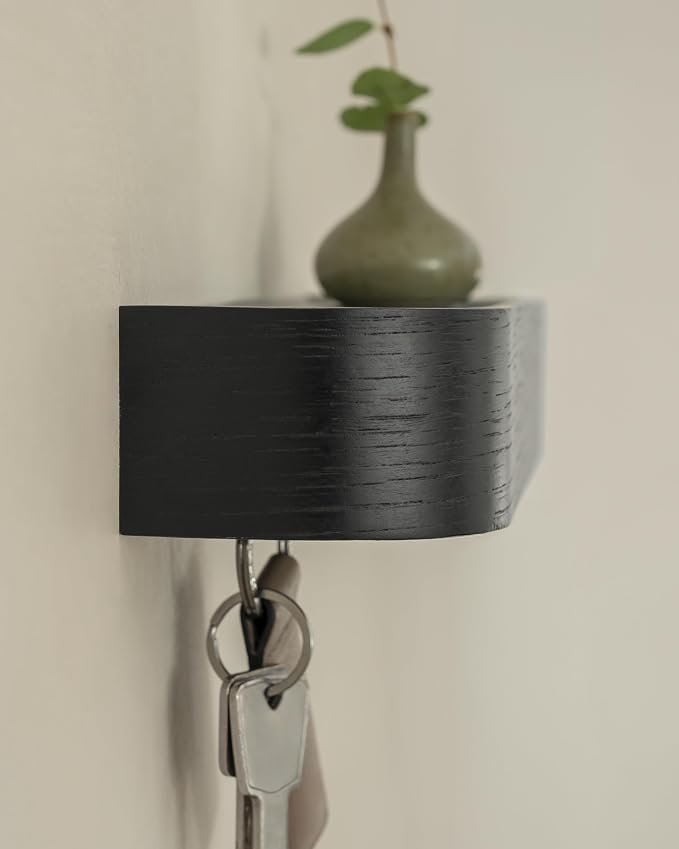 Kazai. Key Holder 'Toke' | Minimalist Key Hook Design from Berlin | Modern Key Holder Wall Mount with Wooden Shelf | Key Rack for Wall as Entryway Organizer | Oak, Black