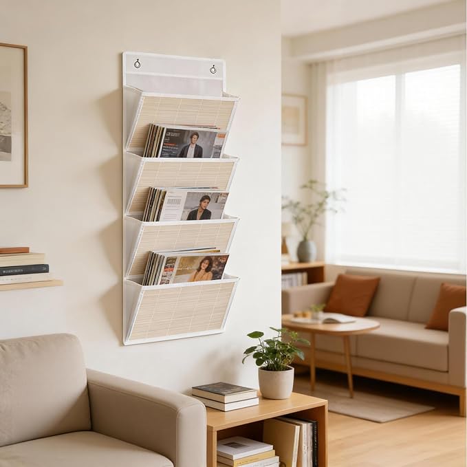hanging wall file organizer, Over the door file folder organizer with 4 Large Bamboo Pockets, Suitable for Home, Office, Back to School Supplies Storage and Organization (White)