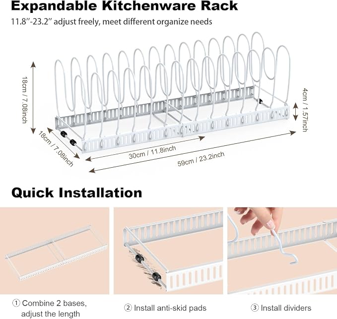 Housolution Pot and Pan Lid Organizer Holder Storage Rack, White | 12"-23" Expandable, 14 Adjustable Dividers, Sturdy Metal Construction, Easy Assembly