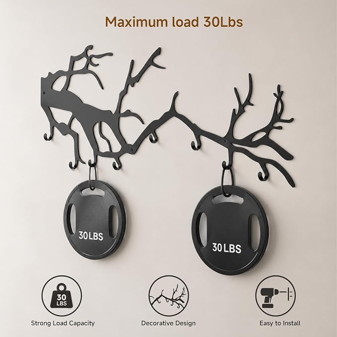Wall Coat Rack with 8 Hooks Black - Tree Branch Design Metal Wall Hooks - Coat Hooks for Hallway, Bathroom, Bedroom, Kitchen - Hook Rail for Wall Mounting