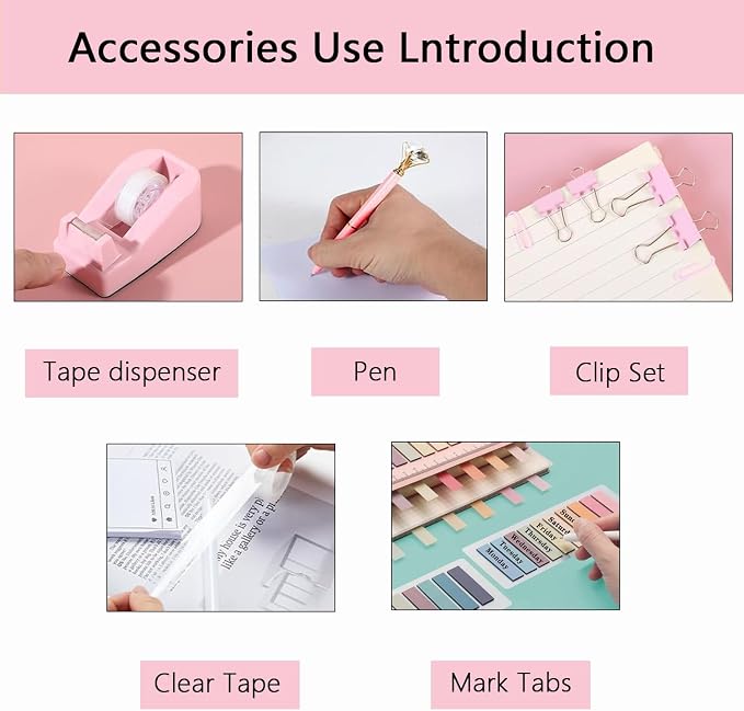 Office Supplies,Pink Desk Accessories,Office Supplies Set,Desk Organizer,Stapler,Tape Dispenser,Scissors,Staple Remover,Binder Clips,Staples,Ballpoint Pen,Index Tabs with Ruler,Clear Tape.10pcs