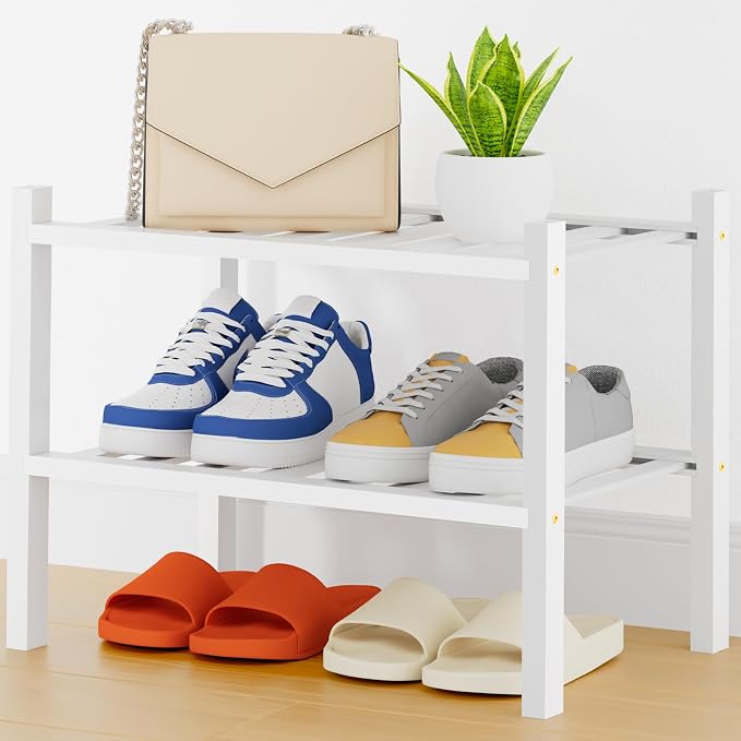 Smiry Bamboo Shoe Rack, 14 Vertical Slats, 2 Tier - 17.3" Wide, White | Stackable Free Standing Wooden Shoe Organizer, Wood Shoe Storage Shelf for Closet, Entryway, Thicher Leg