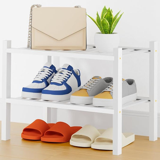 Smiry Bamboo Shoe Rack, 14 Vertical Slats, 2 Tier - 17.3" Wide, White | Stackable Free Standing Wooden Shoe Organizer, Wood Shoe Storage Shelf for Closet, Entryway, Thicher Leg